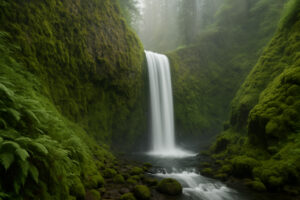 Lush forest scene featuring a secluded cascade surrounded by moss-covered rocks, capturing the beauty of hidden waterfalls in Oregon.