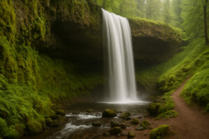 Lush forest scene featuring a secluded cascade surrounded by moss-covered rocks, capturing the beauty of hidden waterfalls in Oregon.