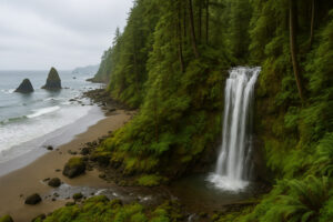 Lush forest scene featuring a secluded cascade surrounded by moss-covered rocks, capturing the beauty of hidden waterfalls in Oregon.