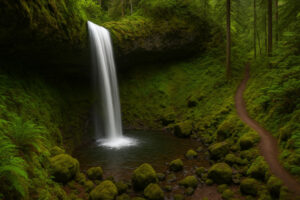 Lush forest scene featuring a secluded cascade surrounded by moss-covered rocks, capturing the beauty of hidden waterfalls in Oregon.