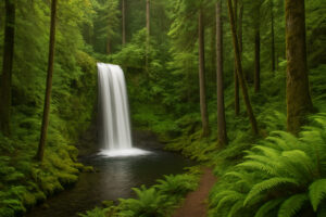 Lush forest scene featuring a secluded cascade surrounded by moss-covered rocks, capturing the beauty of hidden waterfalls in Oregon.