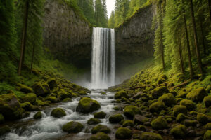 Lush forest scene featuring a secluded cascade surrounded by moss-covered rocks, capturing the beauty of hidden waterfalls in Oregon.