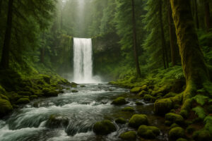 Lush forest scene featuring a secluded cascade surrounded by moss-covered rocks, capturing the beauty of hidden waterfalls in Oregon.