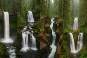 Lush forest scene featuring a secluded cascade surrounded by moss-covered rocks, capturing the beauty of hidden waterfalls in Oregon.