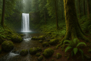 Lush forest scene featuring a secluded cascade surrounded by moss-covered rocks, capturing the beauty of hidden waterfalls in Oregon.