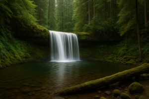 Lush forest scene featuring a secluded cascade surrounded by moss-covered rocks, capturing the beauty of hidden waterfalls in Oregon.