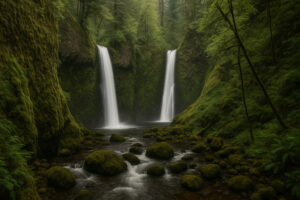Lush forest scene featuring a secluded cascade surrounded by moss-covered rocks, capturing the beauty of hidden waterfalls in Oregon.