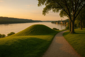 Hikers walking along tree-lined paths and old trading routes that reflect the spirit of the Hidden Historic Trails Midwest.
