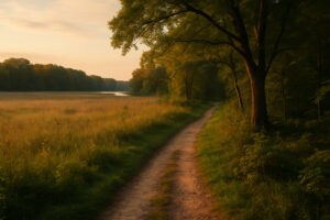 Hikers walking along tree-lined paths and old trading routes that reflect the spirit of the Hidden Historic Trails Midwest.