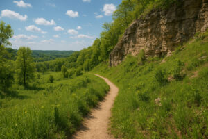 Hikers walking along tree-lined paths and old trading routes that reflect the spirit of the Hidden Historic Trails Midwest.