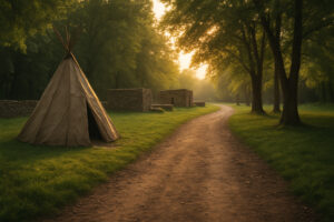 Hikers walking along tree-lined paths and old trading routes that reflect the spirit of the Hidden Historic Trails Midwest.