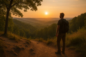 Hikers walking along tree-lined paths and old trading routes that reflect the spirit of the Hidden Historic Trails Midwest.