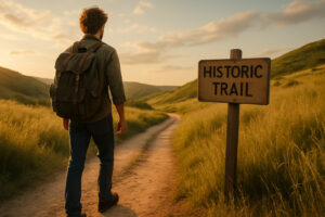 Hikers walking along tree-lined paths and old trading routes that reflect the spirit of the Hidden Historic Trails Midwest.
