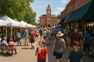 Peaceful main street with rustic shops and old brick buildings capturing the charm of a small town in Tennessee.