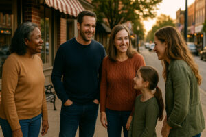 Peaceful main street with rustic shops and old brick buildings capturing the charm of a small town in Tennessee.