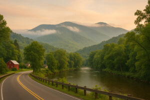 Peaceful main street with rustic shops and old brick buildings capturing the charm of a small town in Tennessee.