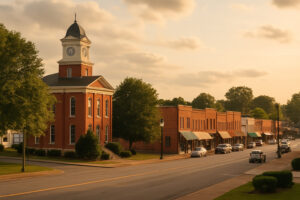 Peaceful main street with rustic shops and old brick buildings capturing the charm of a small town in Tennessee.