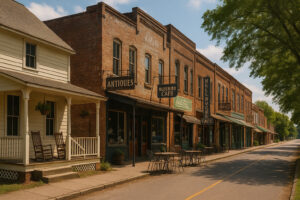 Peaceful main street with rustic shops and old brick buildings capturing the charm of a small town in Tennessee.
