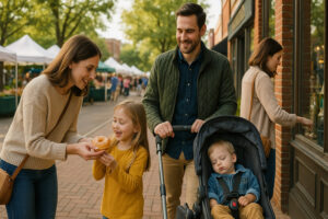 Peaceful main street with rustic shops and old brick buildings capturing the charm of a small town in Tennessee.