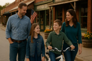 Peaceful main street with rustic shops and old brick buildings capturing the charm of a small town in Tennessee.