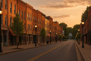 Peaceful main street with rustic shops and old brick buildings capturing the charm of a small town in Tennessee.