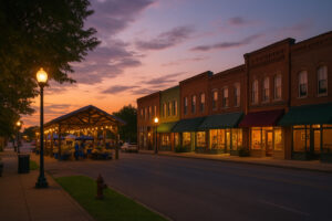 Peaceful main street with rustic shops and old brick buildings capturing the charm of a small town in Tennessee.