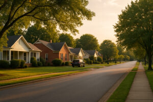 Peaceful main street with rustic shops and old brick buildings capturing the charm of a small town in Tennessee.