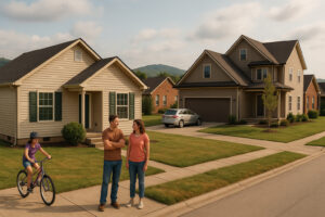 Peaceful main street with rustic shops and old brick buildings capturing the charm of a small town in Tennessee.