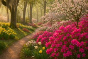 Lush hidden courtyard filled with blooming flowers, winding stone paths, and fountains inspired by the Secret Gardens in Georgia.