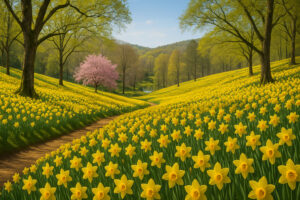 Lush hidden courtyard filled with blooming flowers, winding stone paths, and fountains inspired by the Secret Gardens in Georgia.