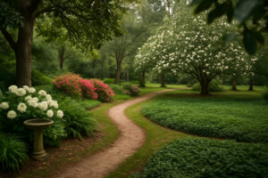 Lush hidden courtyard filled with blooming flowers, winding stone paths, and fountains inspired by the Secret Gardens in Georgia.