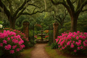 Lush hidden courtyard filled with blooming flowers, winding stone paths, and fountains inspired by the Secret Gardens in Georgia.