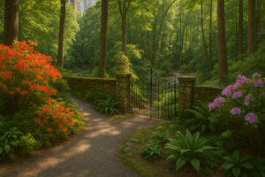 Lush hidden courtyard filled with blooming flowers, winding stone paths, and fountains inspired by the Secret Gardens in Georgia.