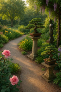 Lush hidden courtyard filled with blooming flowers, winding stone paths, and fountains inspired by the Secret Gardens in Georgia.
