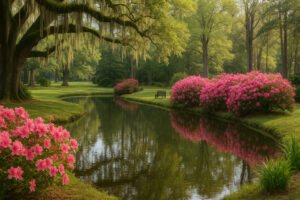 Lush hidden courtyard filled with blooming flowers, winding stone paths, and fountains inspired by the Secret Gardens in Georgia.