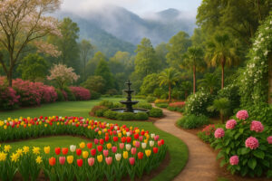 Lush hidden courtyard filled with blooming flowers, winding stone paths, and fountains inspired by the Secret Gardens in Georgia.