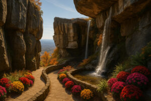 Lush hidden courtyard filled with blooming flowers, winding stone paths, and fountains inspired by the Secret Gardens in Georgia.