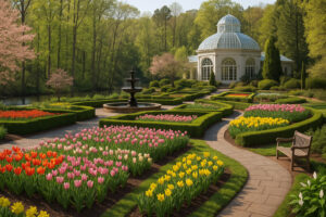Lush hidden courtyard filled with blooming flowers, winding stone paths, and fountains inspired by the Secret Gardens in Georgia.
