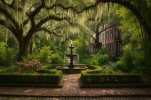 Lush hidden courtyard filled with blooming flowers, winding stone paths, and fountains inspired by the Secret Gardens in Georgia.