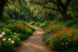 Lush hidden courtyard filled with blooming flowers, winding stone paths, and fountains inspired by the Secret Gardens in Georgia.