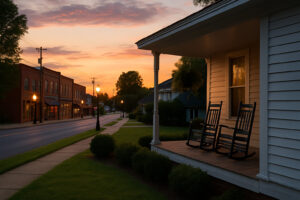 Peaceful main street with rustic shops and old brick buildings capturing the charm of a small town in Tennessee.