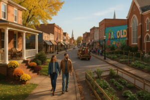 Peaceful main street with rustic shops and old brick buildings capturing the charm of a small town in Tennessee.