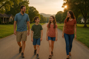Peaceful main street with rustic shops and old brick buildings capturing the charm of a small town in Tennessee.