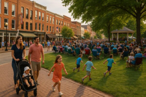 Peaceful main street with rustic shops and old brick buildings capturing the charm of a small town in Tennessee.