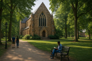 Peaceful main street with rustic shops and old brick buildings capturing the charm of a small town in Tennessee.