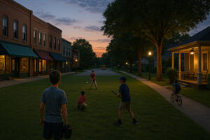 Peaceful main street with rustic shops and old brick buildings capturing the charm of a small town in Tennessee.