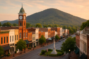 Peaceful main street with rustic shops and old brick buildings capturing the charm of a small town in Tennessee.