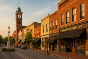 Peaceful main street with rustic shops and old brick buildings capturing the charm of a small town in Tennessee.