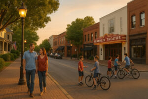 Peaceful main street with rustic shops and old brick buildings capturing the charm of a small town in Tennessee.