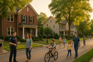Peaceful main street with rustic shops and old brick buildings capturing the charm of a small town in Tennessee.